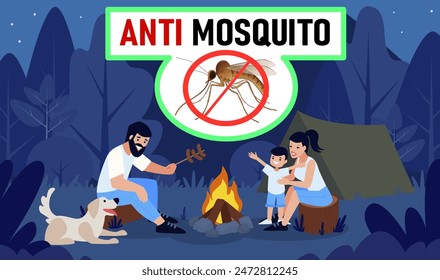 Anti-mosquitoes. Safe outdoor recreation. Family holiday. Happy Family. Tourism. Vector illustration.