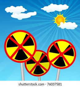 Anti-nuclear signs with sky in the background