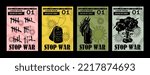Anti-nuclear war propaganda poster. No to War, Stop War. Set of vector illustrations. Engraving, ink style. Poster, cover, t-shirt print. Military token, molotov cocktail, explosion