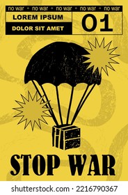 Anti-nuclear war propaganda poster. No to War, Stop War. Set of vector illustrations. Engraving, ink style. Poster, cover, t-shirt print. Military parachute, army, airdrop