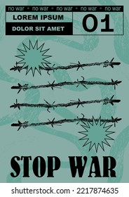 Anti-nuclear war propaganda poster. No to War, Stop War. Set of vector illustrations. Engraving, ink style. Poster, cover, t-shirt print. Military wire, barb