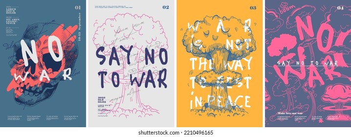 Anti-nuclear War Propaganda Poster. Typography. No To War, Say Stop War. Set Of Vector Illustrations. Engraving, Pencil Style. Poster, Cover, T-shirt Print.