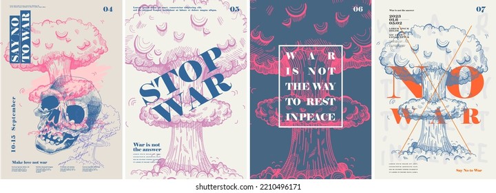 Anti-nuclear War Propaganda Poster. Typography. No To War, Say Stop War. Set Of Vector Illustrations. Engraving, Pencil Style. Poster, Cover, T-shirt Print.