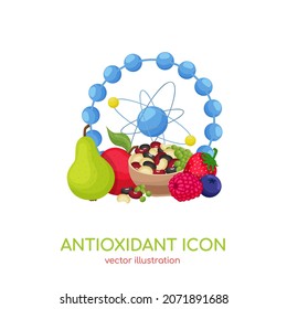 Antioxidant Icon. Health Benefits Molecule, Natural Vitamins Sources, Vector Isolated Illustration For Bio Organic Detox Super Food Advertising, Wellness Apps. Healthy Eating, Antiaging Dieting.