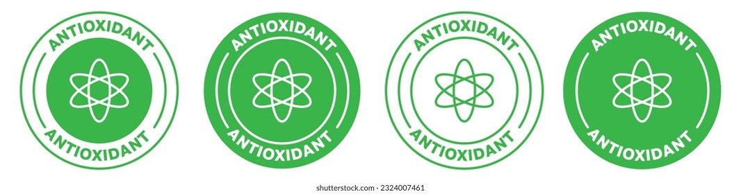 Antioxidant icon seal set in green color. Natural anti oxidant nutrition vector stamp.