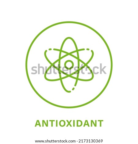 Antioxidant Line Green Stamp. Free Anti Oxidant Outline Icon. Healthy Organic Nature Ingredient Pictogram. Anti Oxidant Supplement Symbol. Molecule Cell Antioxidant Sign. Isolated Vector Illustration. Сток-фото © 