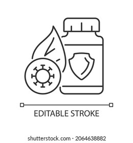 Antioxidant supplements linear icon. Medicine to strengthen immunity. Free radicals treatment. Thin line customizable illustration. Contour symbol. Vector isolated outline drawing. Editable stroke