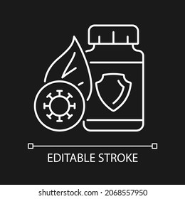 Antioxidant supplements white linear icon for dark theme. Strengthen immunity. Oxidative stress. Thin line customizable illustration. Isolated vector contour symbol for night mode. Editable stroke