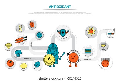 Antioxidants Infographic Contain Of Sources Of Free Radical, Sources Of Antioxidants And Benefits, Medical Health Vector Illustration, Line Icon For Website Template.