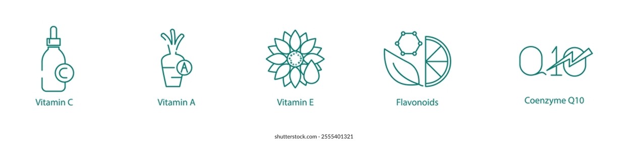 Antioxidants and Nutrients Icon Set - Vitamin C, Vitamin A, Vitamin E, Flavonoids, and Coenzyme-10 for Wellness