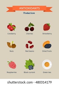 Antioxidants. Set of icons: cranberries, strawberries, cherries, nuts, beans, dried fruit, raspberry, black currant, green tea