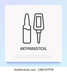 Antiparasitical drops for pets. Vet treatment against flea or mite. Thin line icon. Modern vector illustration for pet shop.