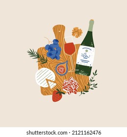 Antipasti wine snacks board. Bottle of wine and glass. Various food collection. Vector illustration