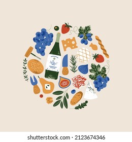 Antipasti wine snacks composition. Various appetizers collection. Vector illustration.