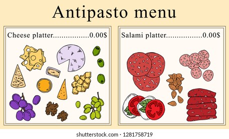 Antipasto menu design. Vector cartoon illustration. Perfect for menu design.