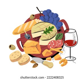 Antipasto table. Gourmet snacks and wine. Bread, salami, cheese.