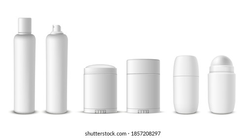 Antiperspirant bottles assortment spray, dry, roll on, stick realistic mock ups set. Deodorant packaging empty templates. Underarm care, protection, comfortable variety. Vector isolated collection.