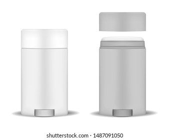 Antiperspirant deodorant stick, mockup. Open and closed container, realistic vector mock-up.