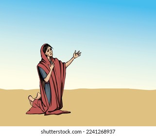 Antiqu holy veil shawl lone worry grief sad kneel jew tramp Hagar lady cry ask beg help hope Lord Jesus Christ desert sky. Hand drawn alone old age ill die sick saudi arab widow islam faith art sketch