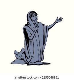 Antiqu holy veil shawl lone worry grief sad kneel jew tramp Hagar lady cry ask beg help hope Lord Jesus Christ church sign Hand drawn alone old age ill die sick saudi arab widow islam faith art sketch