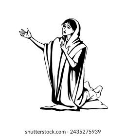 Antiqu holy veil shawl lone worry grief sad kneel jew tramp Hagar lady cry ask beg help hope Lord Jesus Christ church sign Hand drawn alone old age ill die sick saudi arab widow islam faith art sketch