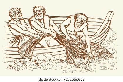 Antiqu strong happy fun east asian arab human male guy cast big large haul hobby. Hand drawn active leisure tired wet jewish human job retro rural age god Jesus Christ story scene art sketch white sky