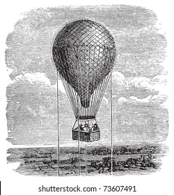 Antique aerostat hot air balloon vintage illustration  Old engraving hot air balloon up in the sky  attached by ropes 