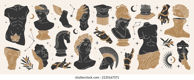 Antique aesthetic statues of mystical god, olive branches, hands, stars, ruined column, amphora. Black silhouette with gold elements for poster, wall, pattern. Isolated Greece statues in modern style