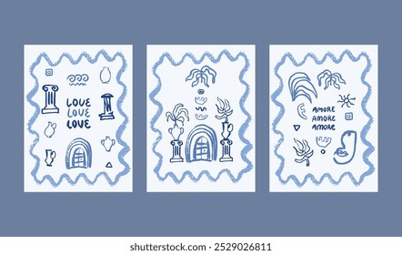 Antique aesthetics architecture, ruined columns, sculptures and pottery. Vector illustrations of ancient elements in trendy hand drawn style. Premade poster design, collage art