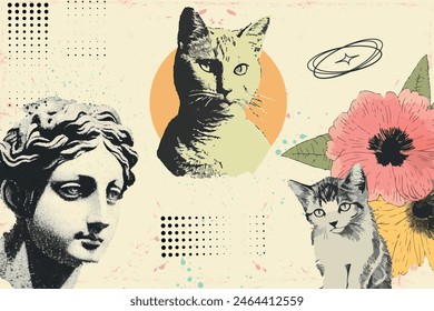 Estatuas de estética antigua y gatos en gafas de sol. Con efecto de fotocopia vintage monocromo, collage y2k. Elementos de diseño retro de semitonos Stipple. Ilustración vectorial para el poster surrealista de grunge punk. 