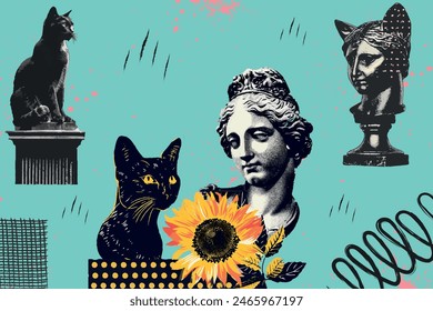 Estatuas de estética antigua y gatos en gafas de sol. Con efecto de fotocopia vintage monocromo, collage y2k. Elementos de diseño retro de semitonos Stipple. Ilustración vectorial para el poster surrealista de grunge punk.