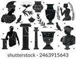 Antique aesthetics statues of mystical god, olive branches, ruined columns and pottery. Vector  illustrations of antique statues in trendy bohemian style. For poster design, wall, pattern, collage.