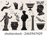 Antique aesthetics statues of mystical god, olive branches, ruined columns and pottery. Vector illustrations of antique statues in trendy bohemian style. For poster design, wall, pattern, collage