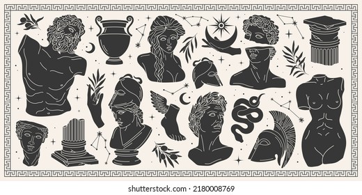 Antique aesthetics statues of mystical god, olive branches, hands, stars, ruined columns and pottery. Creative silhouette for poster design, wall, pattern. Isolated Greece statues in modern style 