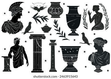 Antique aesthetics statues of mystical god, olive branches, ruined columns and pottery. Vector  illustrations of antique statues in trendy bohemian style. For poster design, wall, pattern, collage.