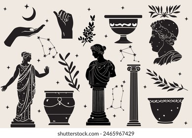 Antique aesthetics statues of mystical god, olive branches, ruined columns and pottery. Vector illustrations of antique statues in trendy bohemian style. For poster design, wall, pattern, collage