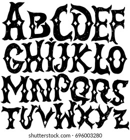 Antique alphabet. Gothic letters. Vintage hand drawn font. Western vector grunge lettering.