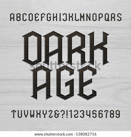 Antique alphabet vector font. Distressed type letters symbols and numbers on a wooden background. Vintage vector alphabet for labels, headlines, posters etc.