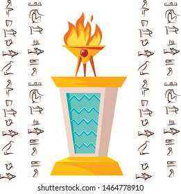 Antique altar or table for religious offering with burning sacrificial fire and Egyptian hieroglyphs, cartoon vector illustration, graphical user interface for game design isolated on white background