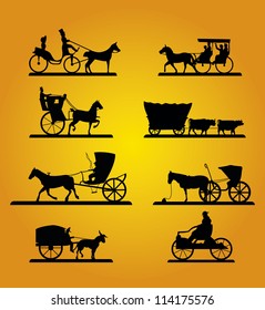 Antique American Pioneer Vehicles Vector Set. Horse-drawn Wagons.