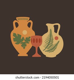 Antique amphora for wine, vase and glass. Made in trendy colors. Vector image, all elements are isolated