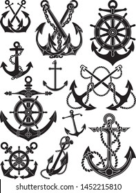 Antique anchor and ship wheel set vector silhouette collection