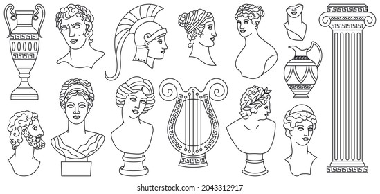 Antique ancient greece heads, sculptures, architectural. Greek marble statues, vases, goddess bust vector illustration set. Mythical antique greek sculptures. Set of head antique greece, statue - Shutterstock ID 2043312917