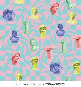 Antique ancient greek human statue, roman column, greek sculpture, checkerboard pattern seamless pattern. Fashionable modern texture with ancient greek face