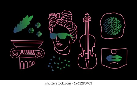Antique, ancient greek illustrations. New gradient. Creative pots. Apollo bust with glasses. Bohemian portraits. Fashionable print. Heads of a man and a woman. Ancient statues in a modern style.