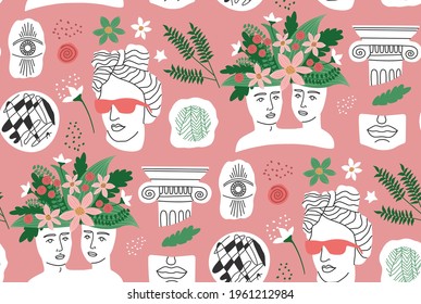 Antique, ancient greek pattern. Flowers and statues. Creative ornaments. Apollo bust with glasses. Bohemian portraits. Fashionable print. Heads of a man and a woman. Ancient statues in a modern style.