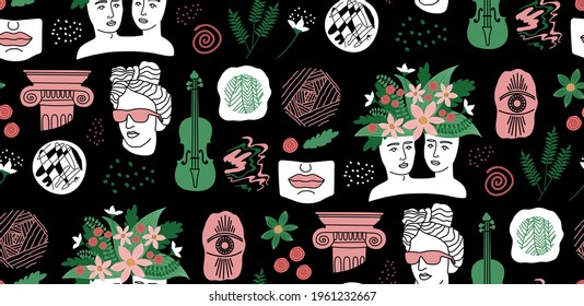 Antique, ancient greek pattern. Flowers and statues. Creative ornaments. Apollo bust with glasses. Bohemian portraits. Fashionable print. Heads of a man and a woman. Ancient statues in a modern style.