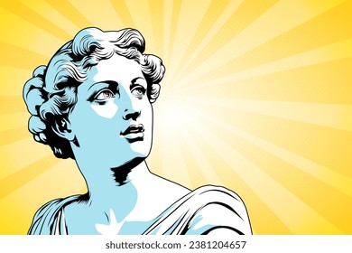 Antique ancient Greek statue - young woman looks at the copy space, vector illustration in cartoon comic style