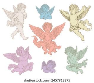 Antique Angel Baby Cupid illustration, Isolated Vintage cherub greek statues,retro little angels collection	,isolated on white background	