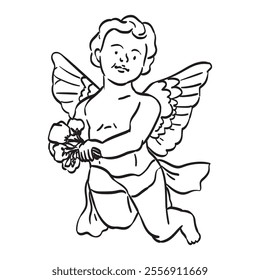 Antique angel baby cupid illustration. Isolated vintage cherub greek statues, retro little angel with flower bouquet in doodle line art tattoo style for poster, placard or wedding invitation design.